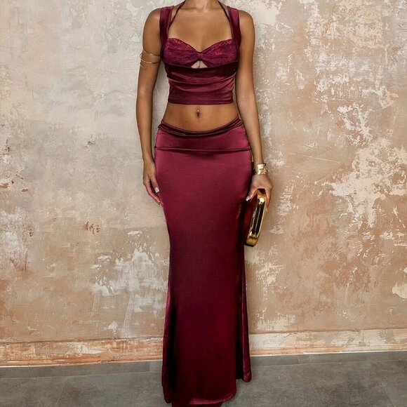 Burgundy Party Women's Hollow Out Cropped Tank Top & Maxi Skirt